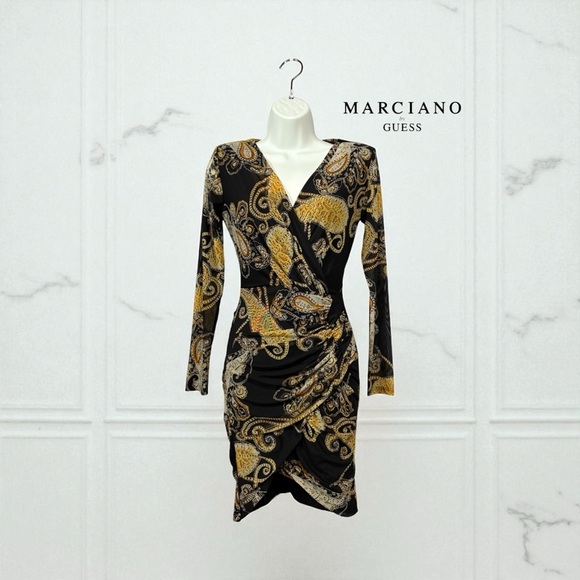 NWOT, Marciano by Guess, Black & Gold Paisley Pattern Dress, Small - Picture 1 of 11